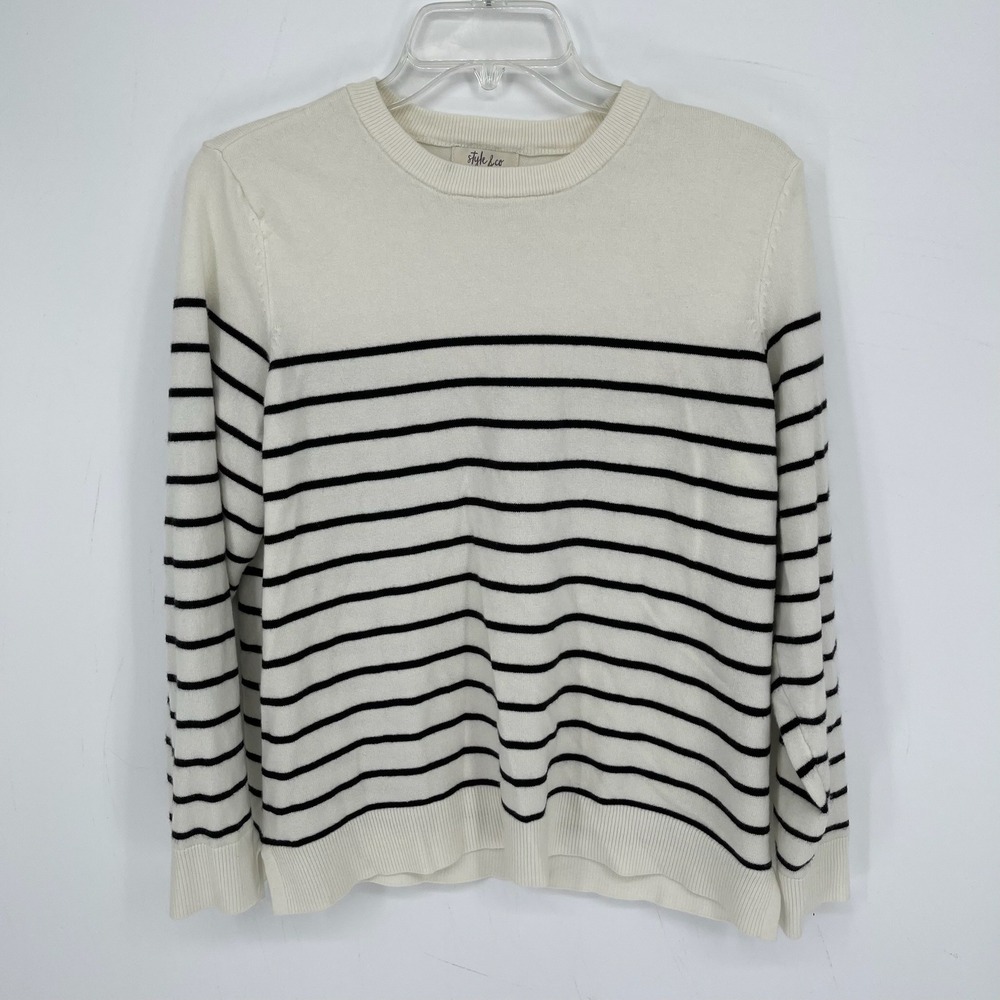 Style &‎ Co Women's White Striped Crewneck Long Sleeve Pullover Sweater Size L